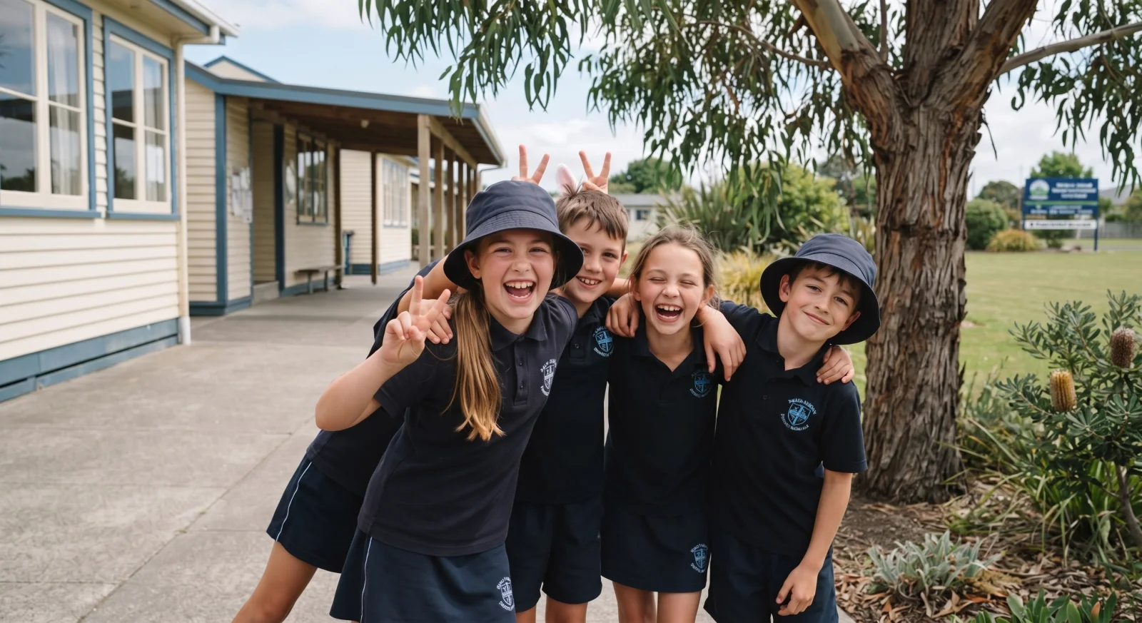 Australian students smiling together outside their school