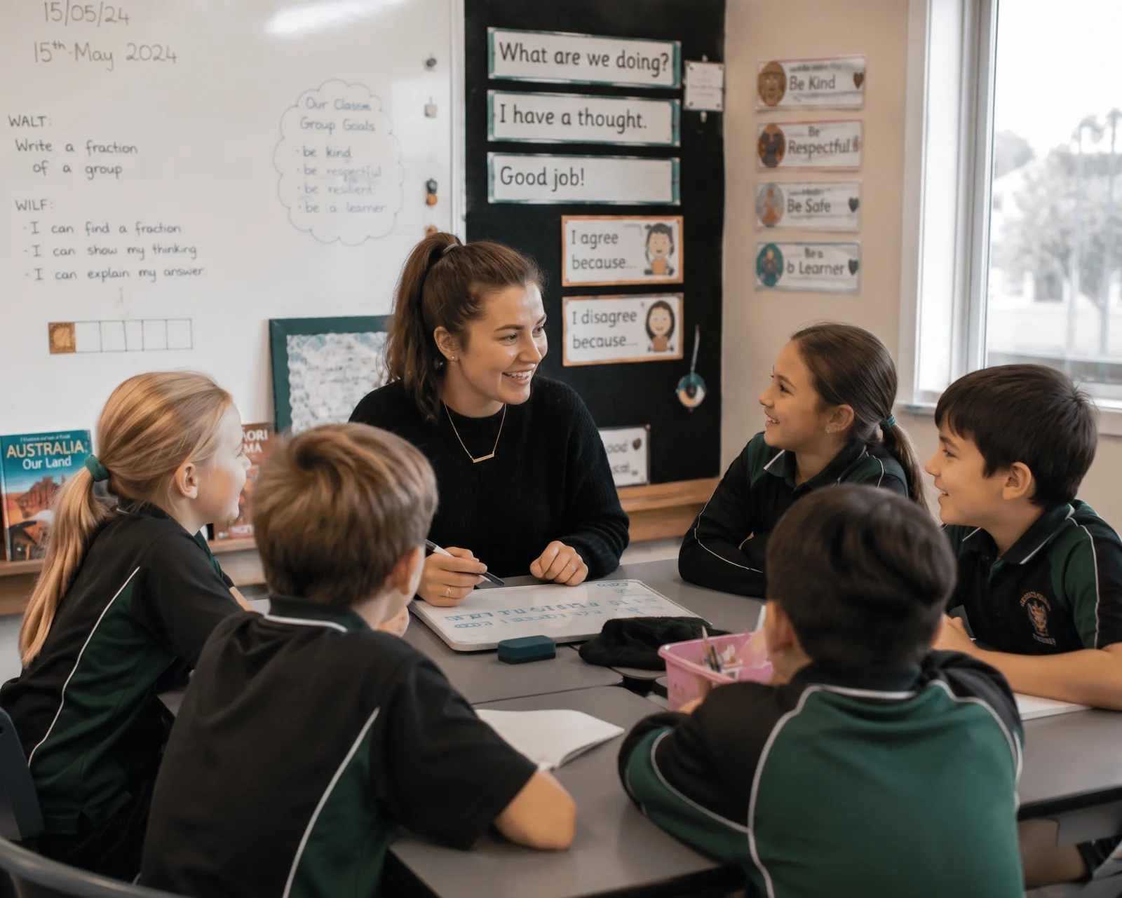 Australian teacher working with students around a classroom table